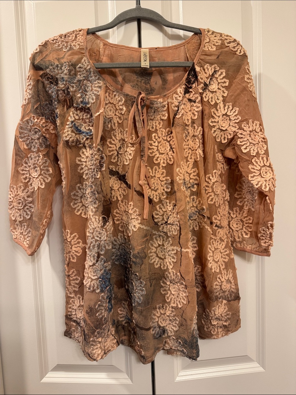 Embroidered Tie-Neck Blouse in Tan